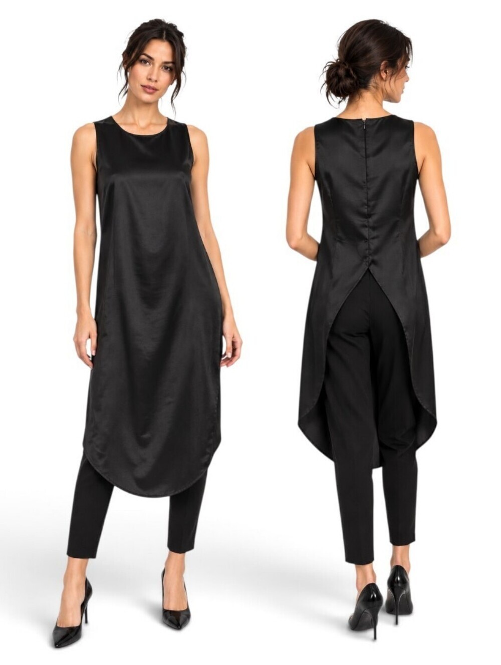 LILITH Paris Black Satin Avant Garde Longline Tunic Top Medium